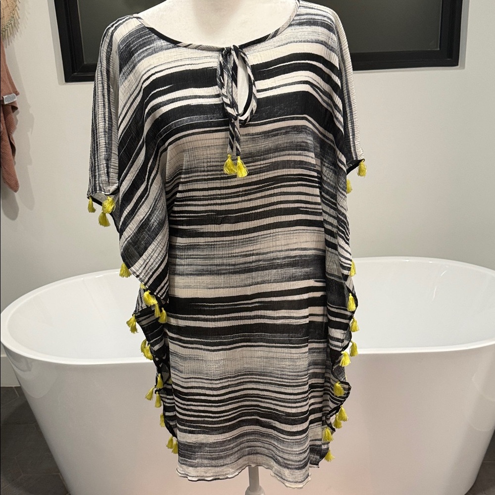 Striped Black & White Swim Cover-Up with Yellow Tassels
